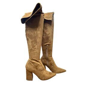 Steve Madden Tan Faux Suede Knee-High Boots 6.5M Pointed Toe Block Heel Side Zip